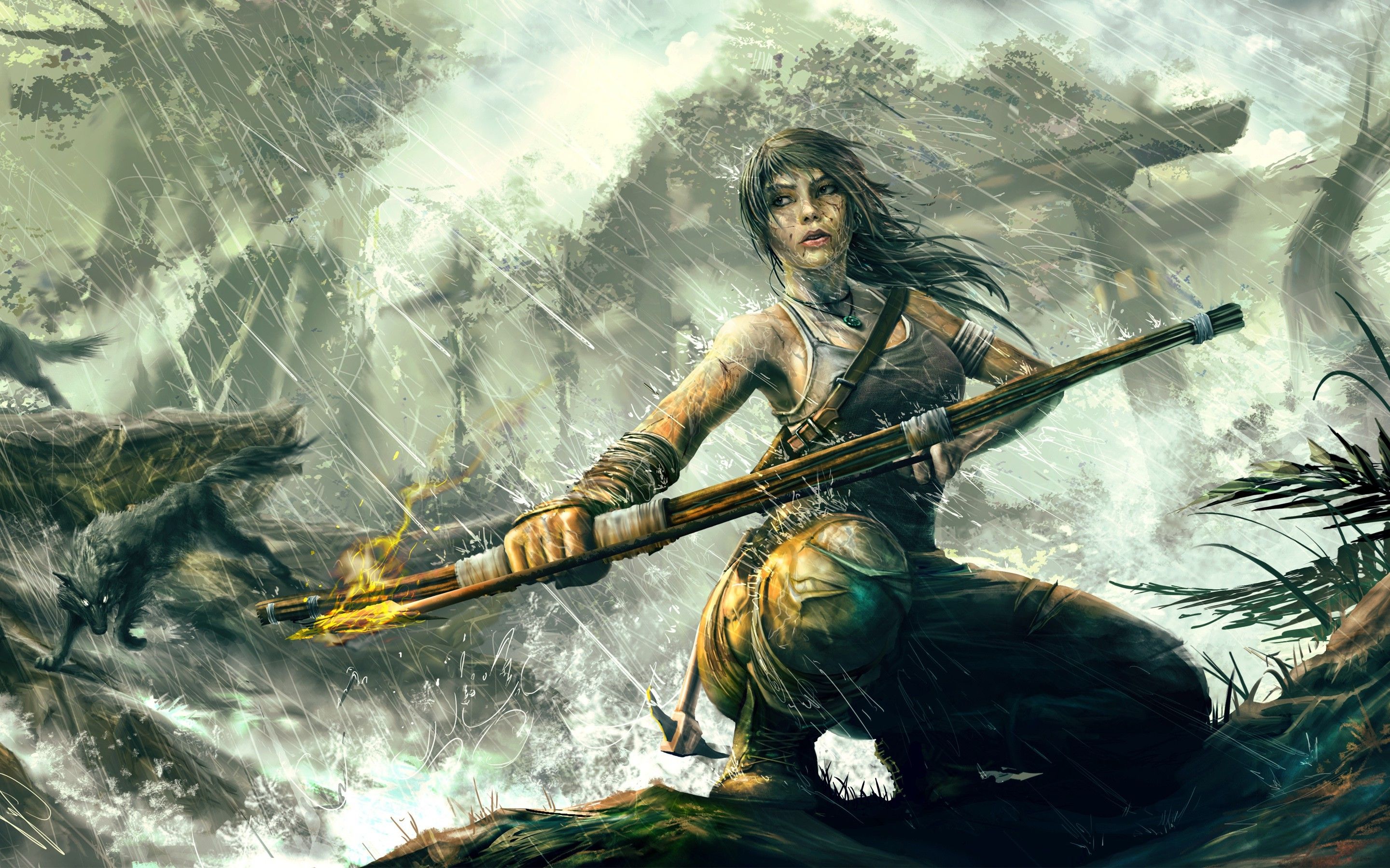 2880x1800 women, Fantasy Art, Lara Croft, PC Gaming, Bows, Rain, Nature, Fire Fighter Wallpaper HD / Desktop and Mobile Background