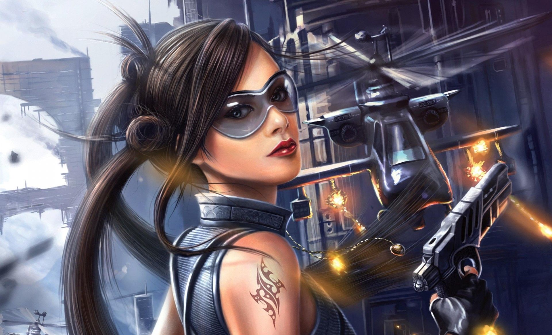 1920x1166 Desktop wallpaper: Girls & Guns, Women Warrior, Sci Fi, Helicopter, Pistol, Tattoo 4K free download for PC. 208960