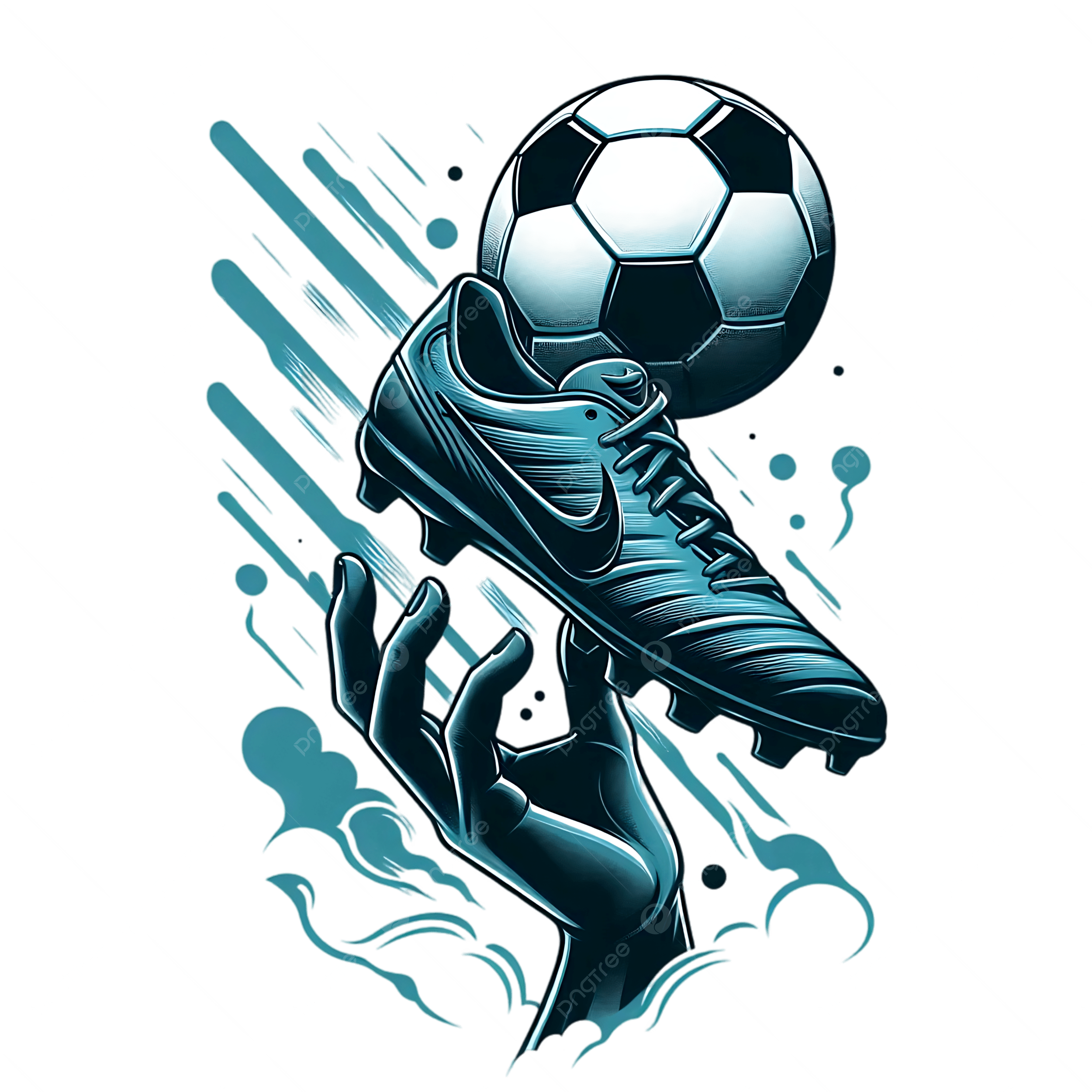 2500x2500 A Stylized Illustration Of Blue Nike Soccer Shoe Held By Hand With Ball Floating Above It Dynamic Vibrant Design, Blue Nike Soccer Shoe, Hand Holding Soccer Shoe, Floating Soccer Ball PNG Transparent