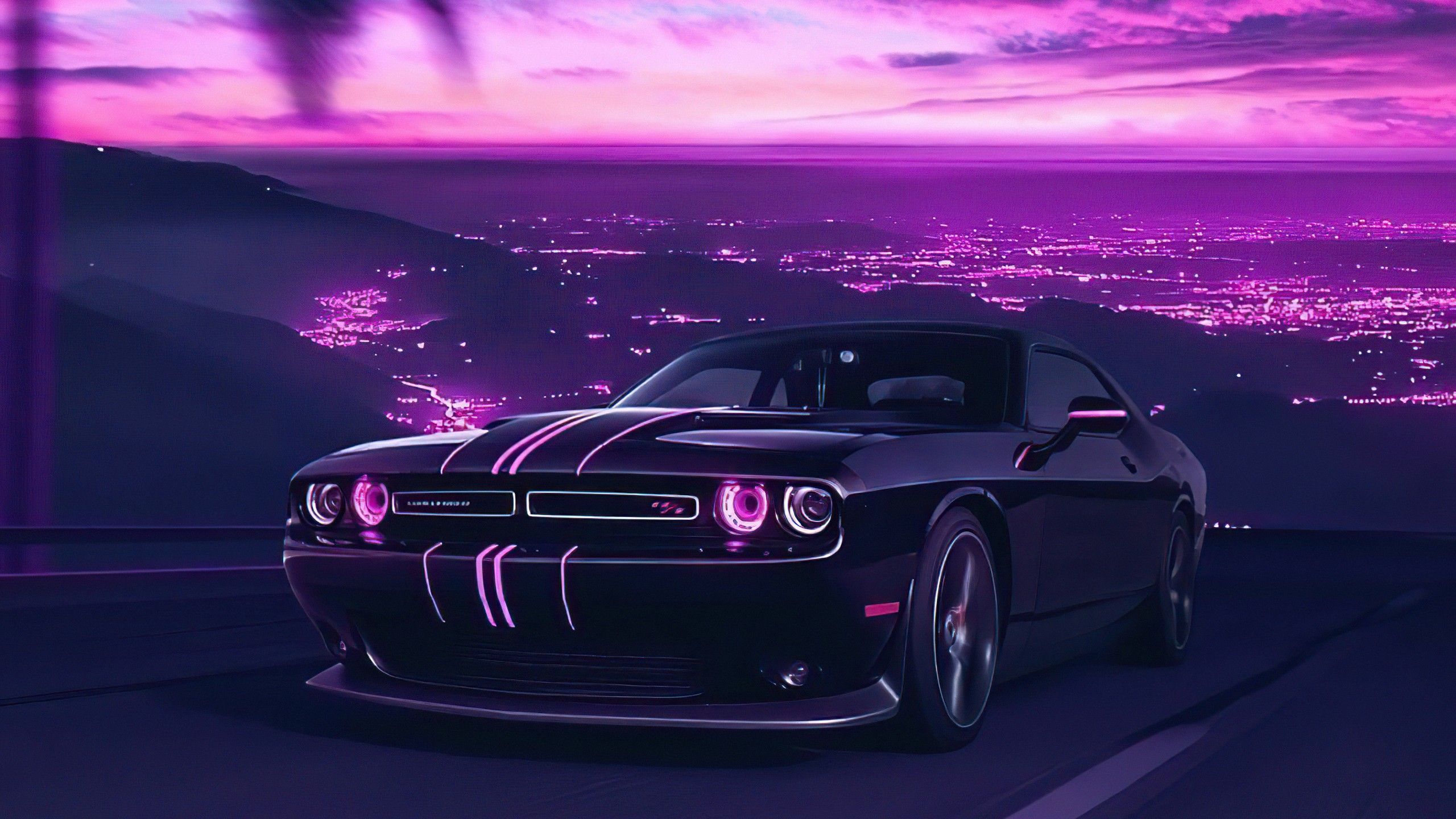 2560x1440 Black Dodge Challenger Car City View Purple Sky Vaporwave 4K 5K HD Vaporwave Wallpaper