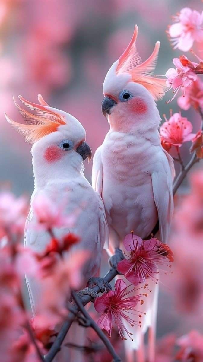 673x1200 White and Pink Birds Among Apple Blossoms. Pink and white parrot, Two pink cockatiels on branch, Pretty birds