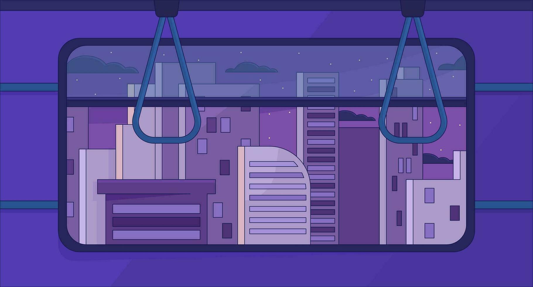 1820x980 Skyscrapers from subway window chill lo fi background. Night in city 2D vector cartoon cityscape illustration, purple lofi wallpaper desktop. Sunset aesthetic 90s retro art, dreamy vibes