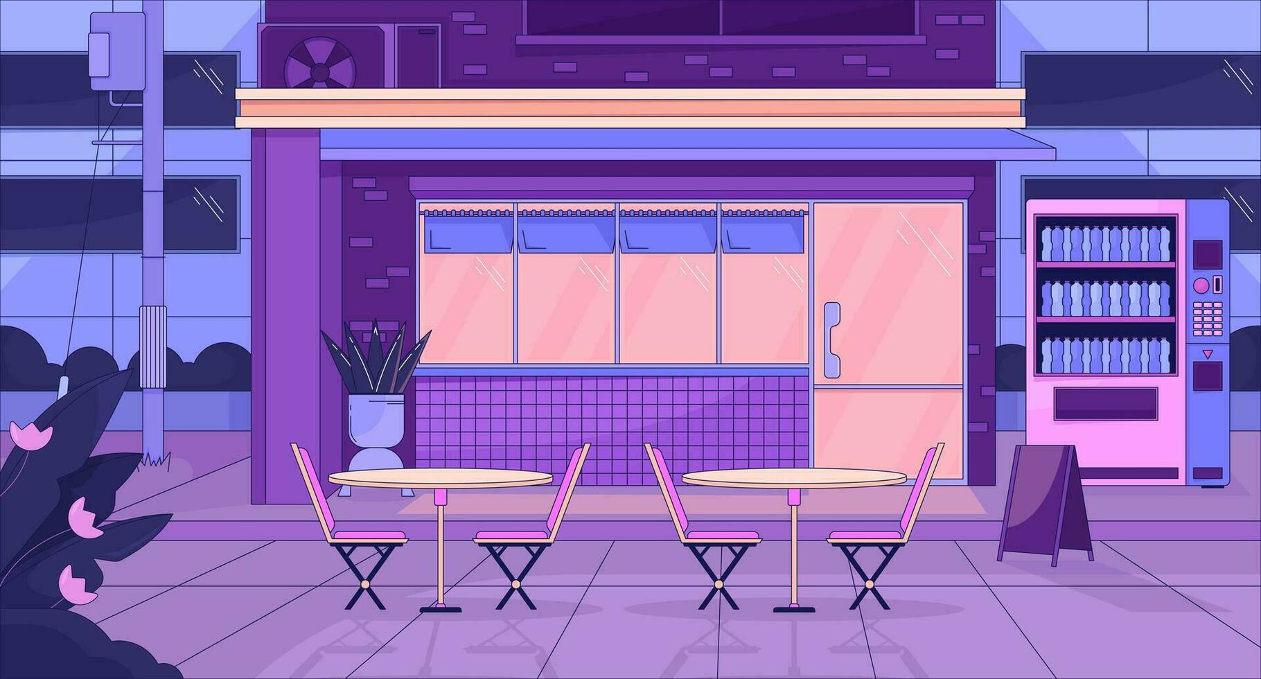 1820x980 Urban storefront at night lo fi aesthetic wallpaper. Exterior store with tables, vending machine 2D vector cartoon cityscape illustration, purple lofi background. 90s retro album art, chill vibes 28000061 Vector Art