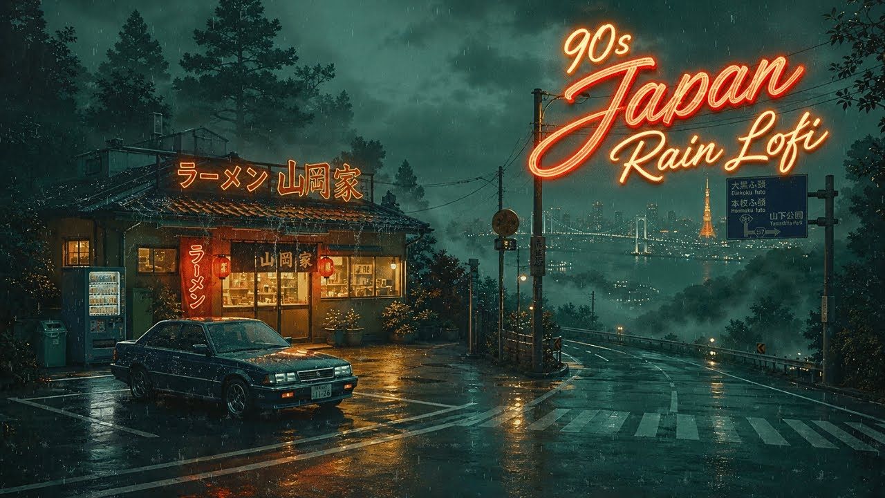 1280x720 Cozy 90s Japanese Cafe Lofi. Rainy Street Ambience with Soft Lofi Beats