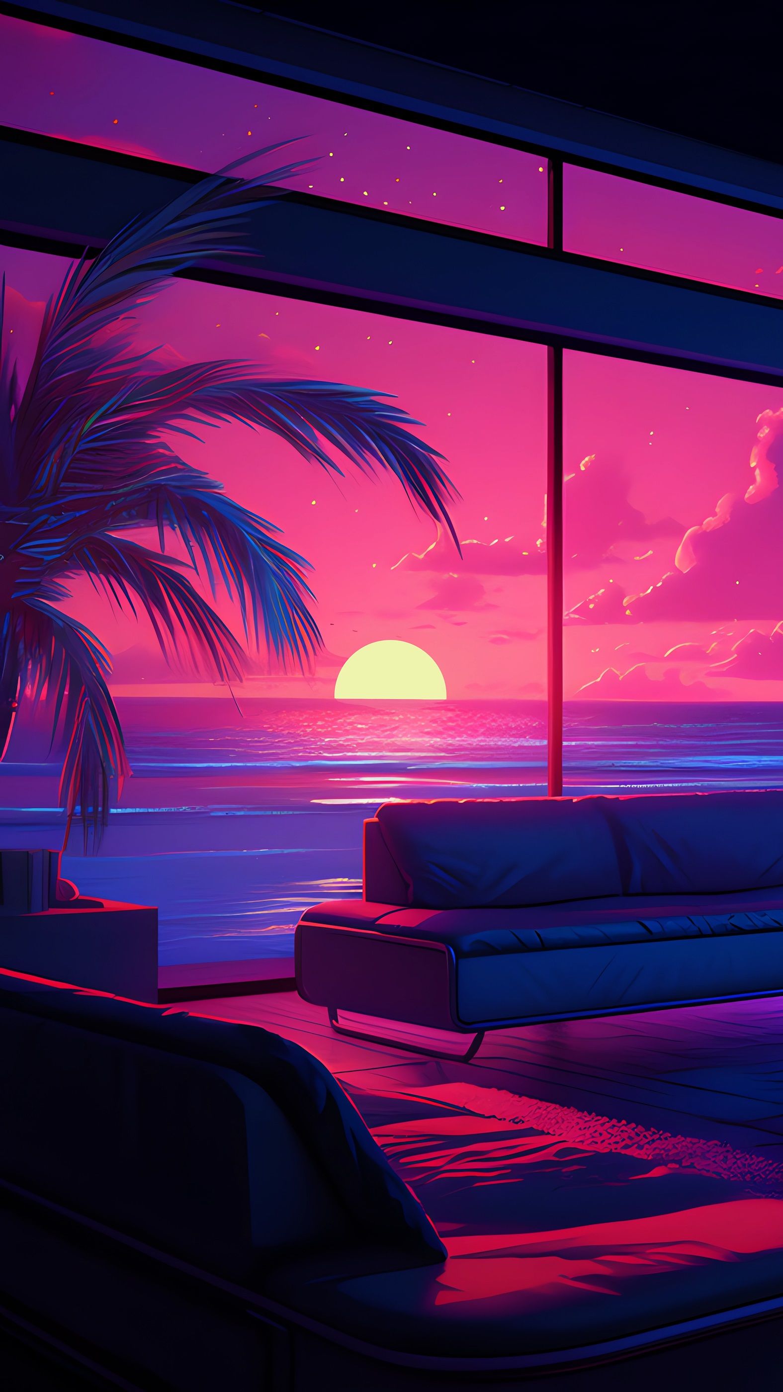 1575x2800 90s Vaporwave Room with Chill Vibe, Lofi Background 4K Wallpaper for Phone
