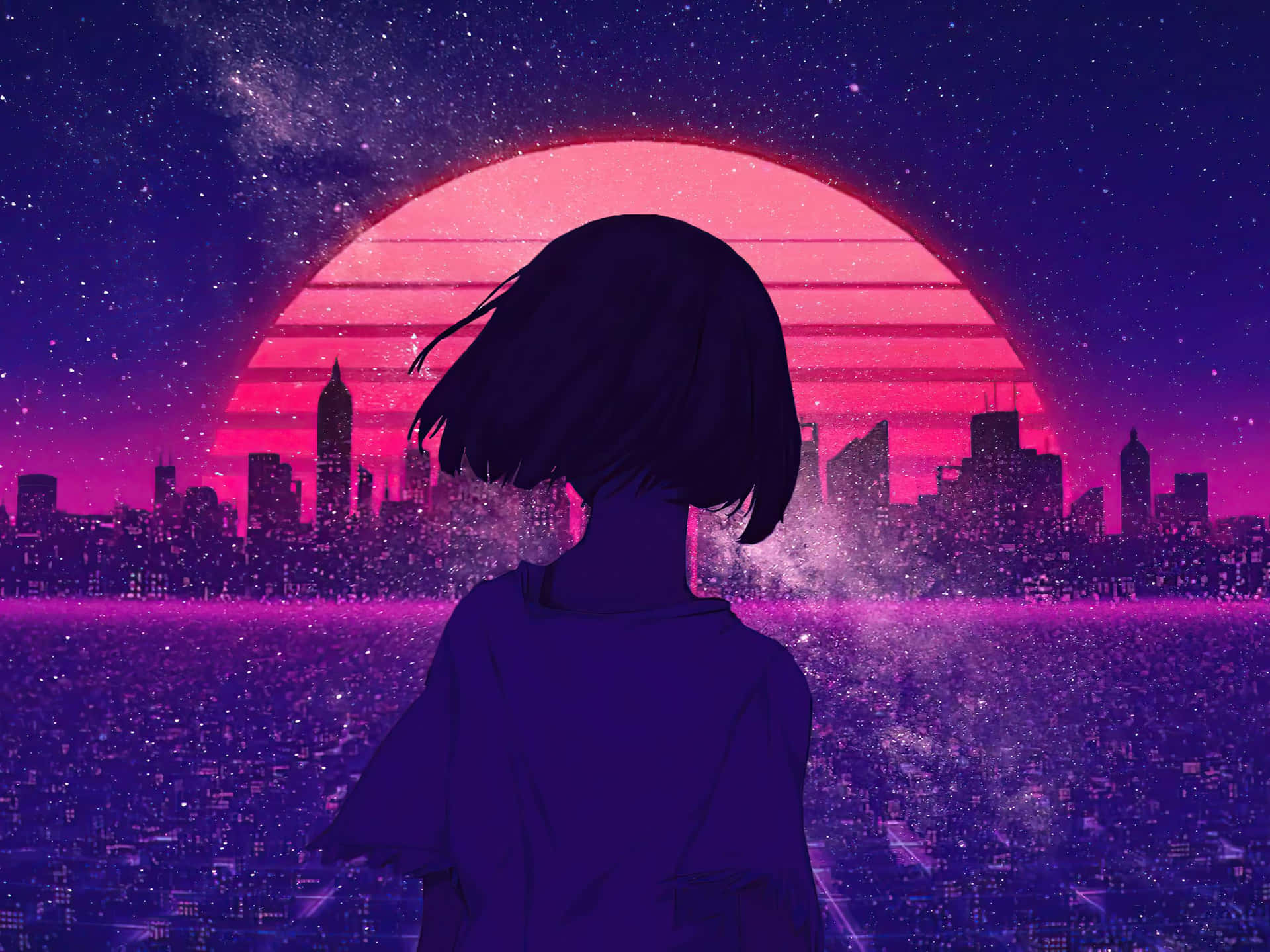 1920x1439 Download A Girl Looking At The City At Sunset Wallpaper