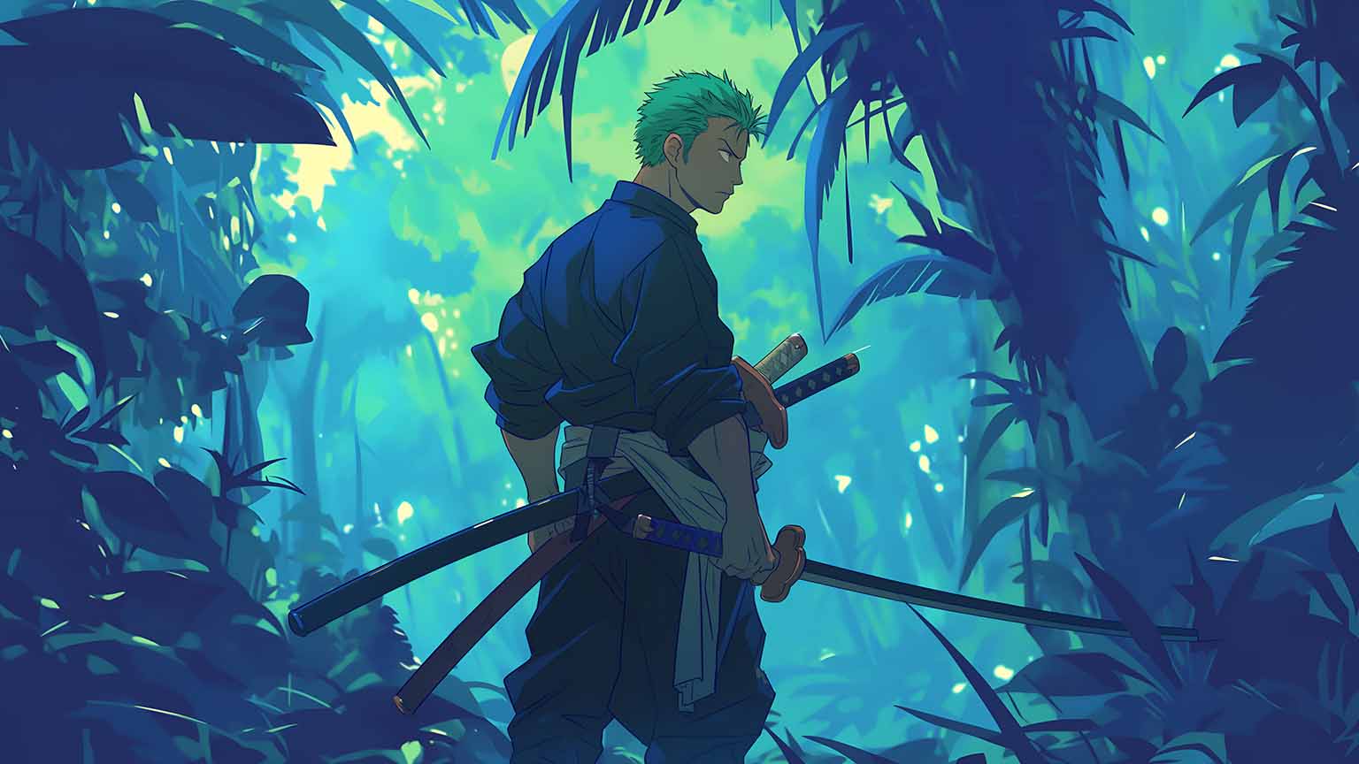 1536x864 One Piece Roronoa Zoro Looking Back in Jungle Wallpaper 4k