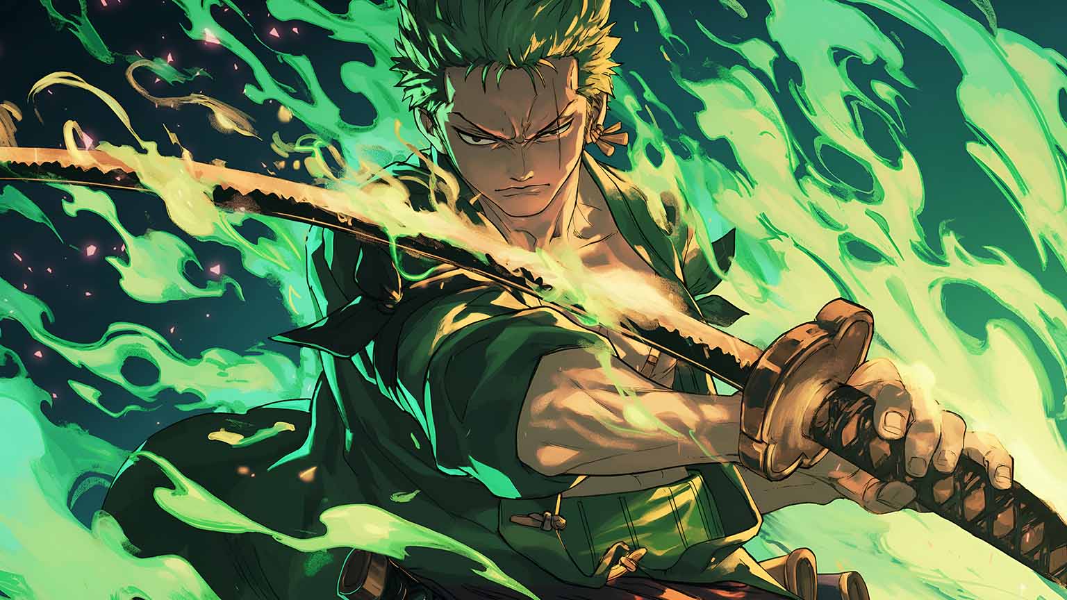 1536x864 One Piece Zoro Dynamic Green Desktop Wallpaper