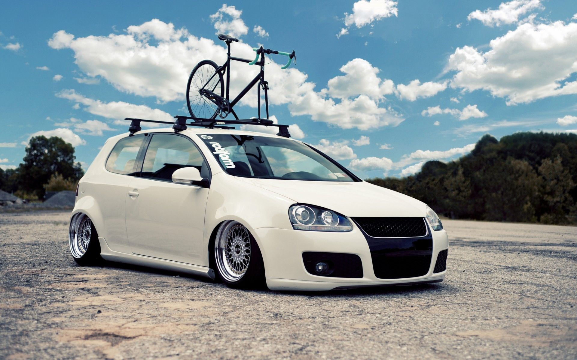 1920x1200 volkswagen, Golf, Vehicles, Cars, Auto, Tuning, Stance, Wheels, Bike, Bycycle, Low, Roads, Sky, Clouds Wallpaper HD / Desktop and Mobile Background