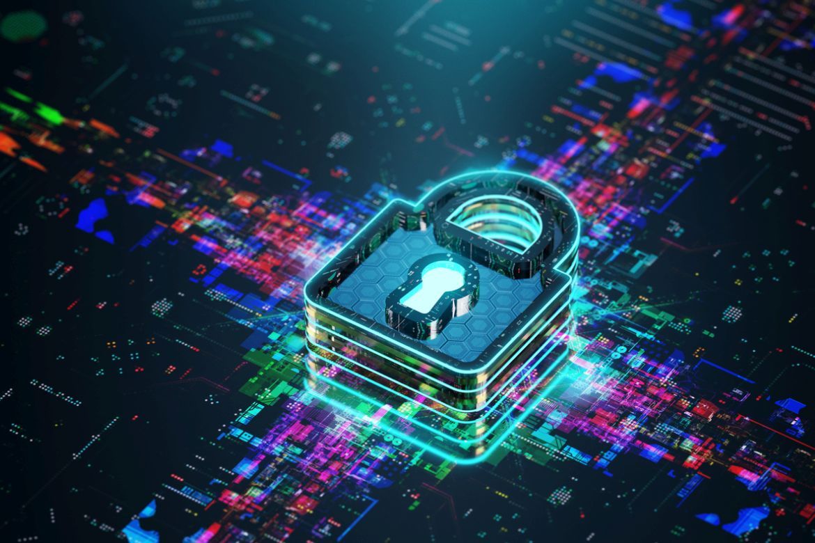 1170x780 Security Evolution. Trends and Innovations of Internet Safety. Cybersecurity In The Future. Futuristic lock icon on black background. 3D render. The Fintech Times