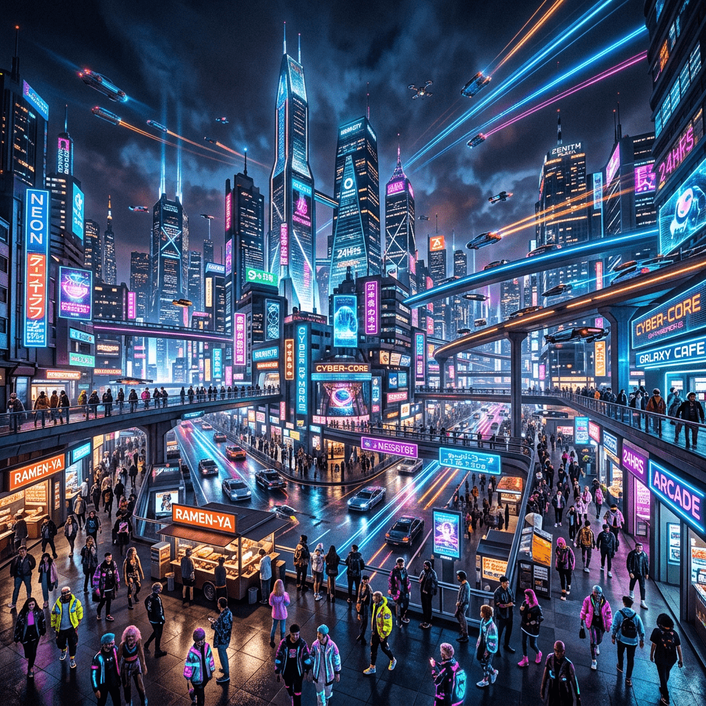 1024x1024 Futuristic Neon Cyberpunk Cityscape. Vibrant Metropolis At Night. AI Art Generator. Easy Peasy.AI
