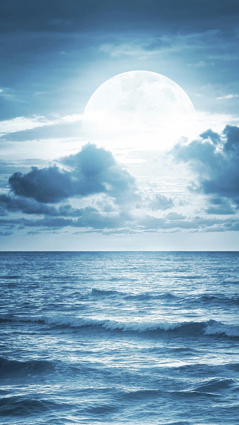 800x1422 Moonshine clouds, moon, nature, ocean, sea, sky, water, waves, HD phone wallpaper