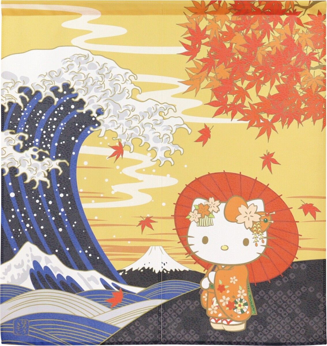 1134x1200 Japanese Noren with Hello Kitty and the Great wave of Kanagawa. Made in Japan