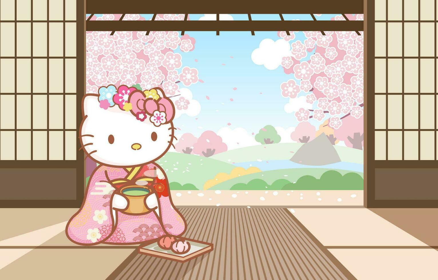 1531x980 White Kitten Enjoying Japanese Tea with Cherry Blossom Garden Background