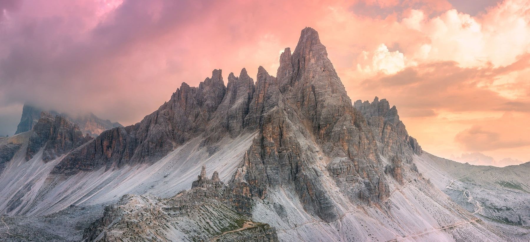 1800x823 Alpine Dolomites mountain peak sunset landscape Wall Mural. Tre Cime di Lavaredo
