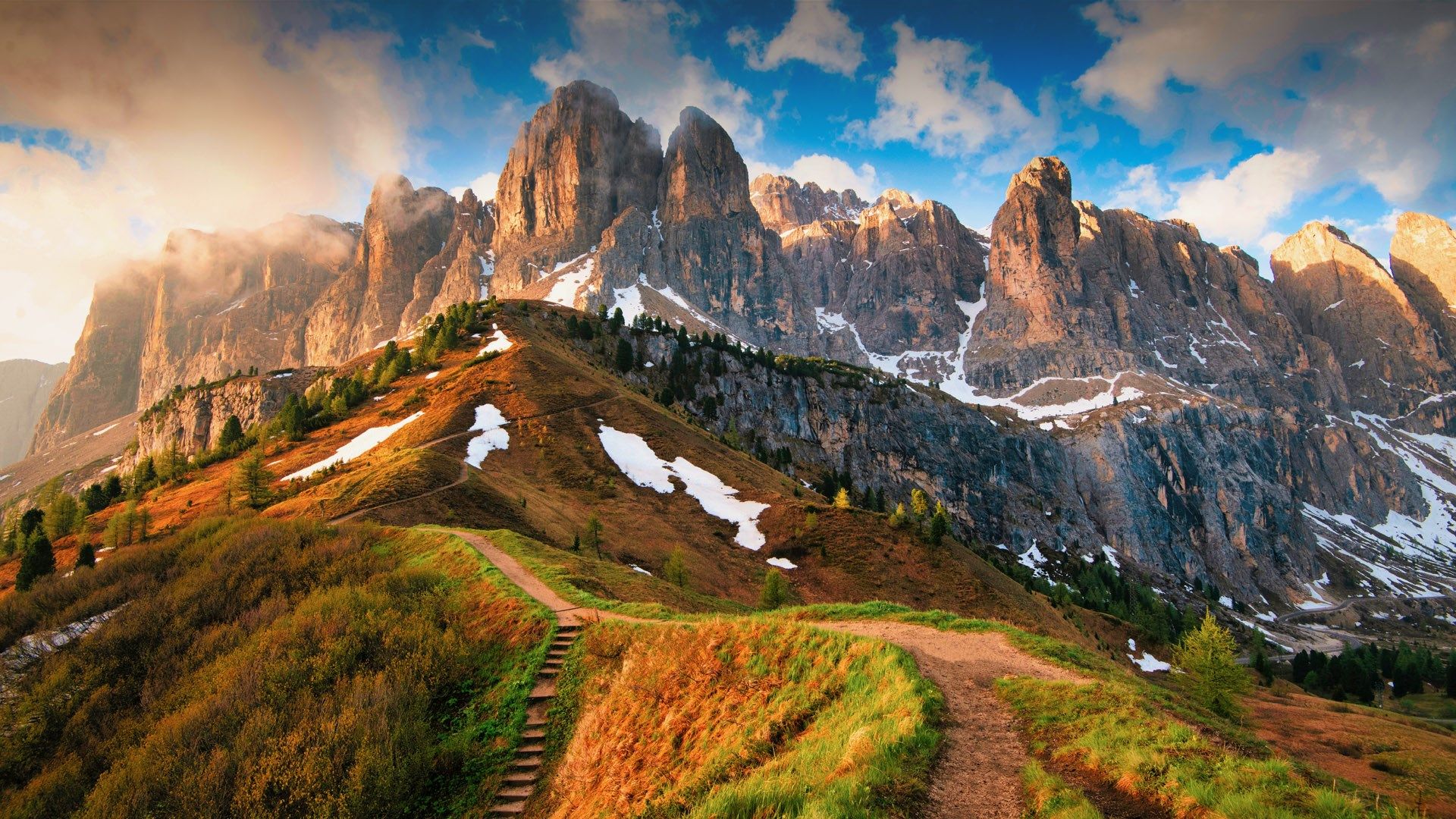 1920x1080 Three Peaks of Lavaredo at summer sunset, Dolomites, South Tyrol, Italy. Windows Spotlight Image