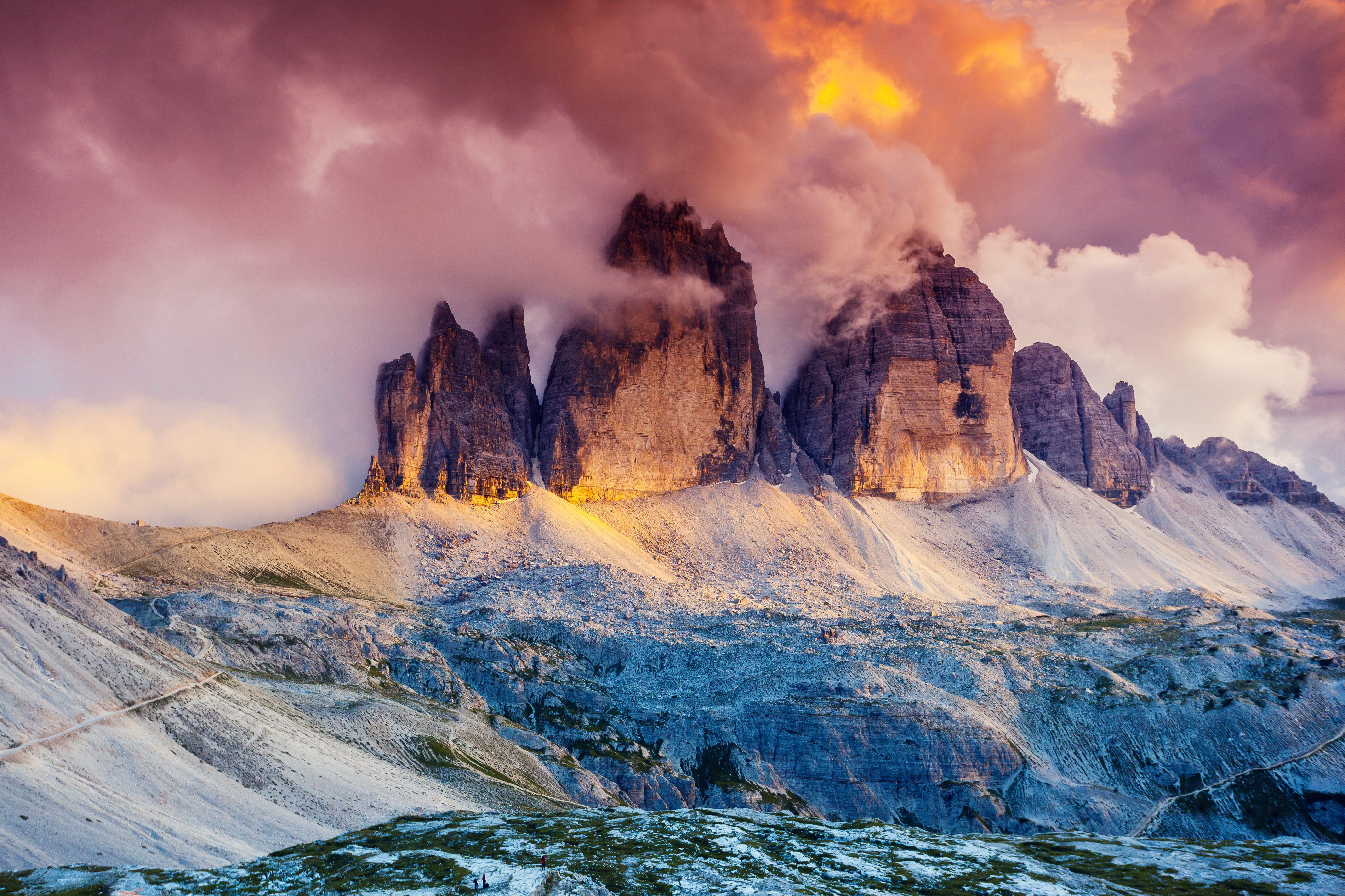 5616x3744 glow, Fog, Austria, Dolomites, Three, Peaks, South, Tyrol, Tre, Cime, Di, Lavaredo Wallpaper HD / Desktop and Mobile Background