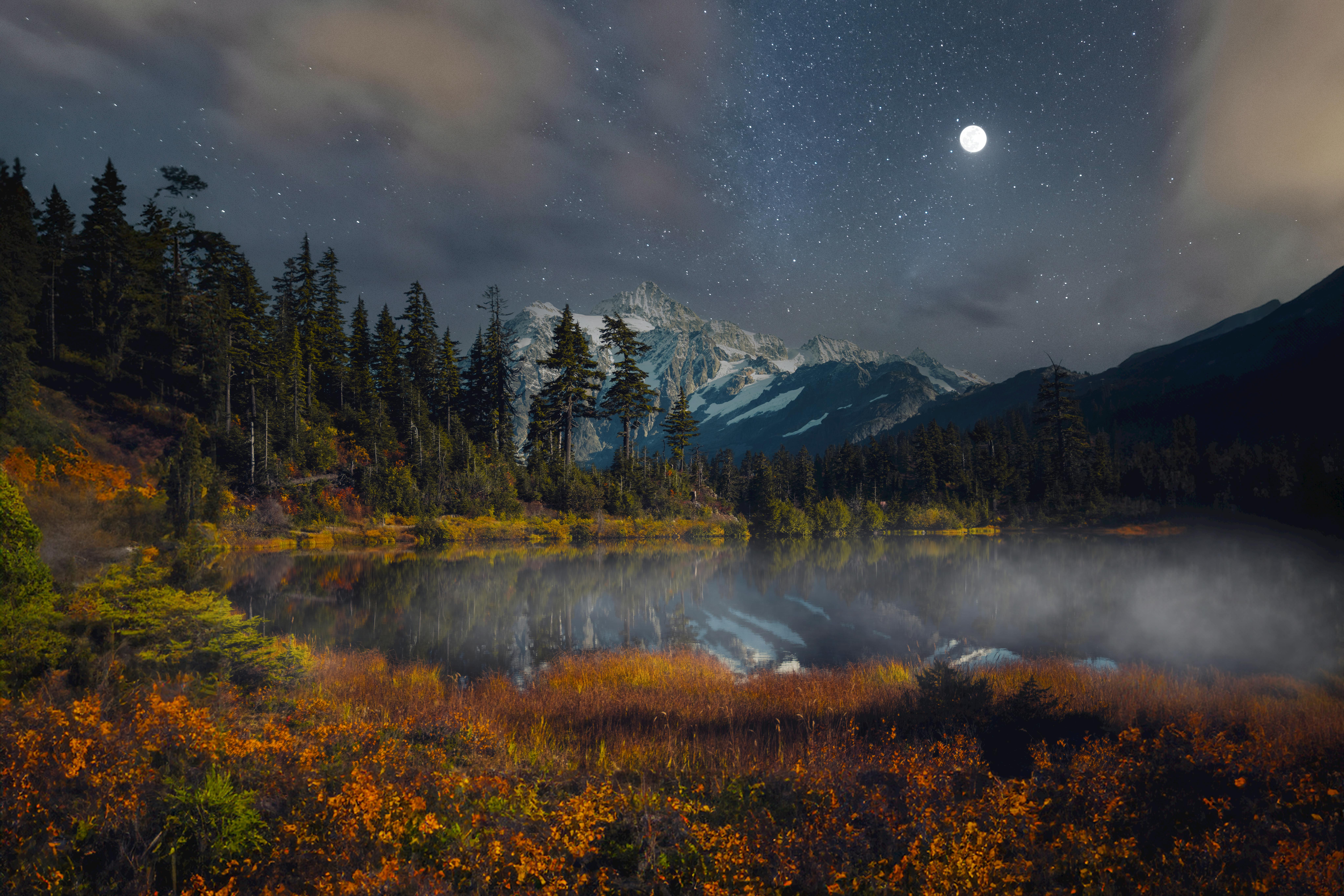 8192x5462 Stars and Moon over Forest around Lake near Mountain at Night · Free