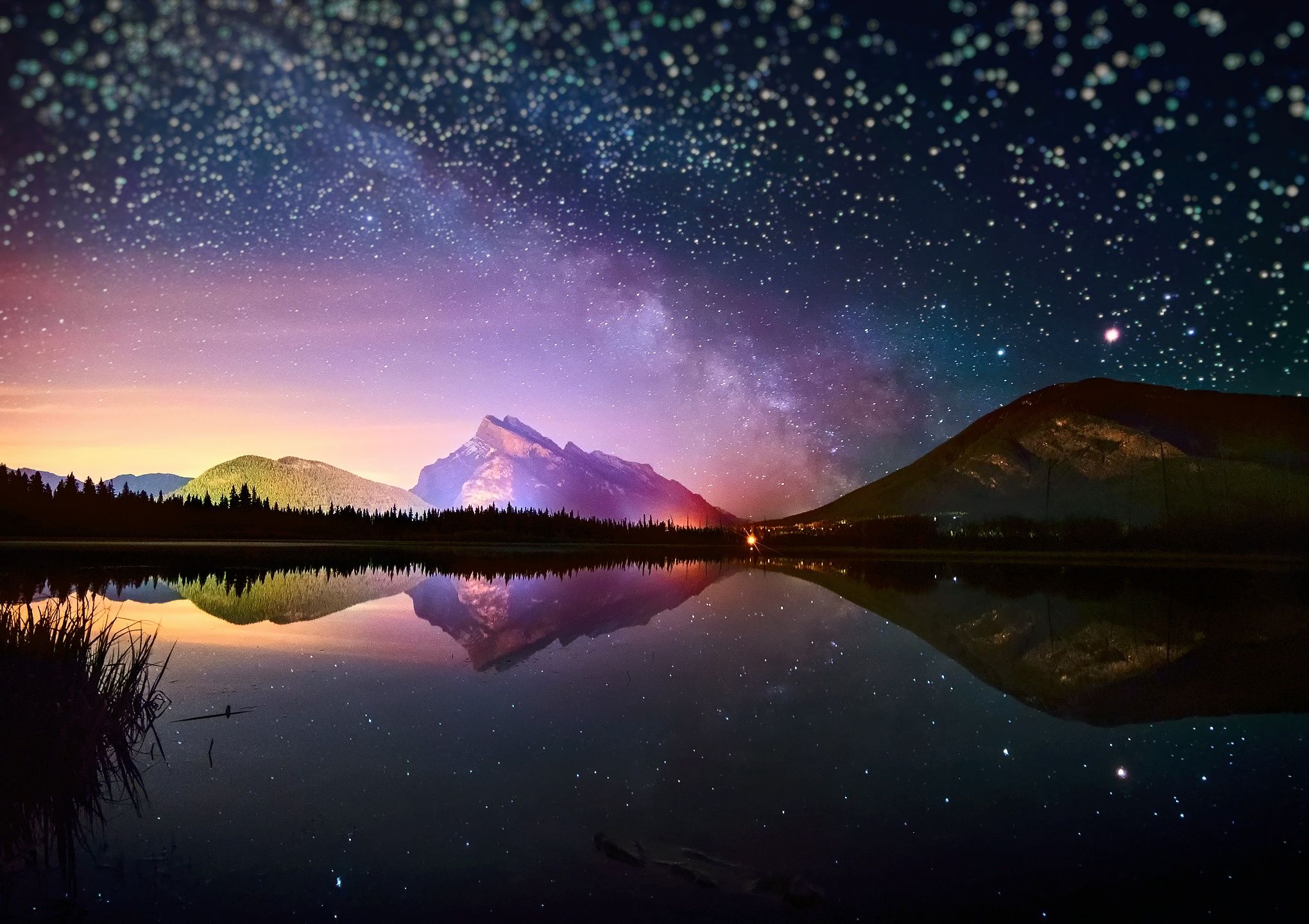 2040x1440 Phone wallpaper: Starry Sky, Night, Lake, Nature, Reflection, Mountain, Earth, Stars 781718