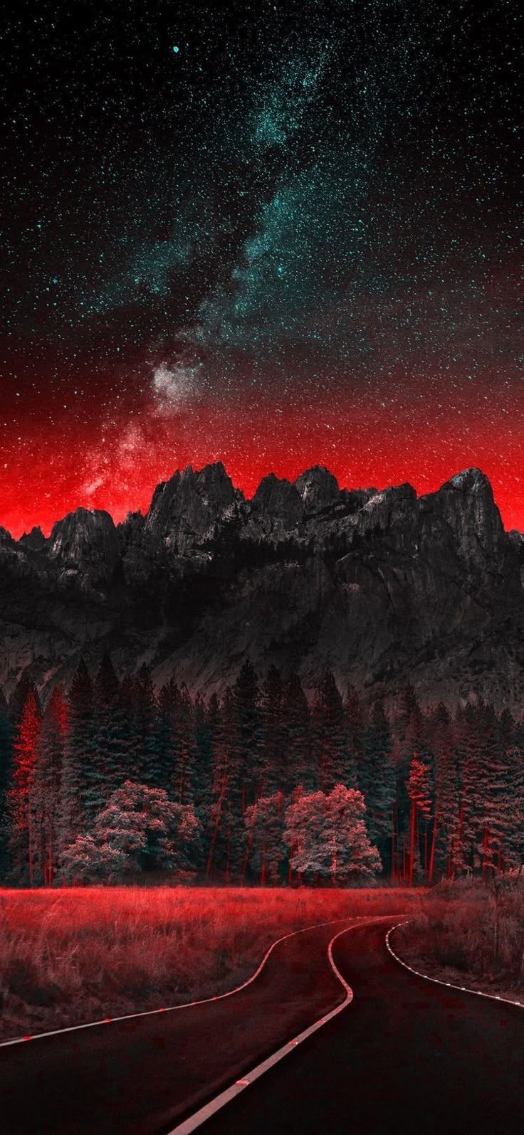 736x1595 Red and Black Night Sky with Stars and Mountains. Dreamy landscape wallpaper ideas, Mountain landscape
