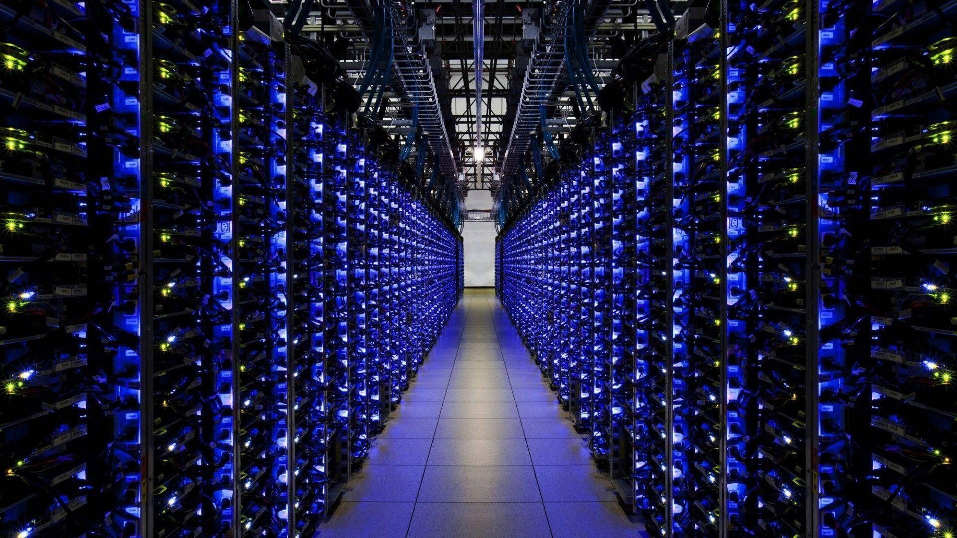 1920x1080 Download Futuristic Data Center Illuminated with Blue Lights. Wallpaper