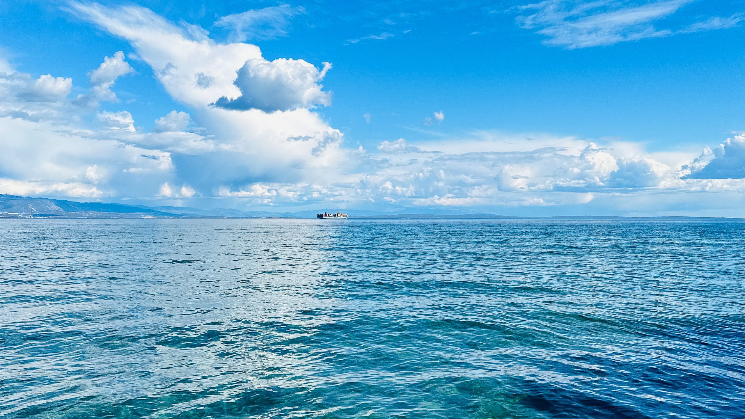 2560x1440 Beautiful Sea View Horizon Clouds Landscape Ship Blue Sky Water HD Nature Wallpaper