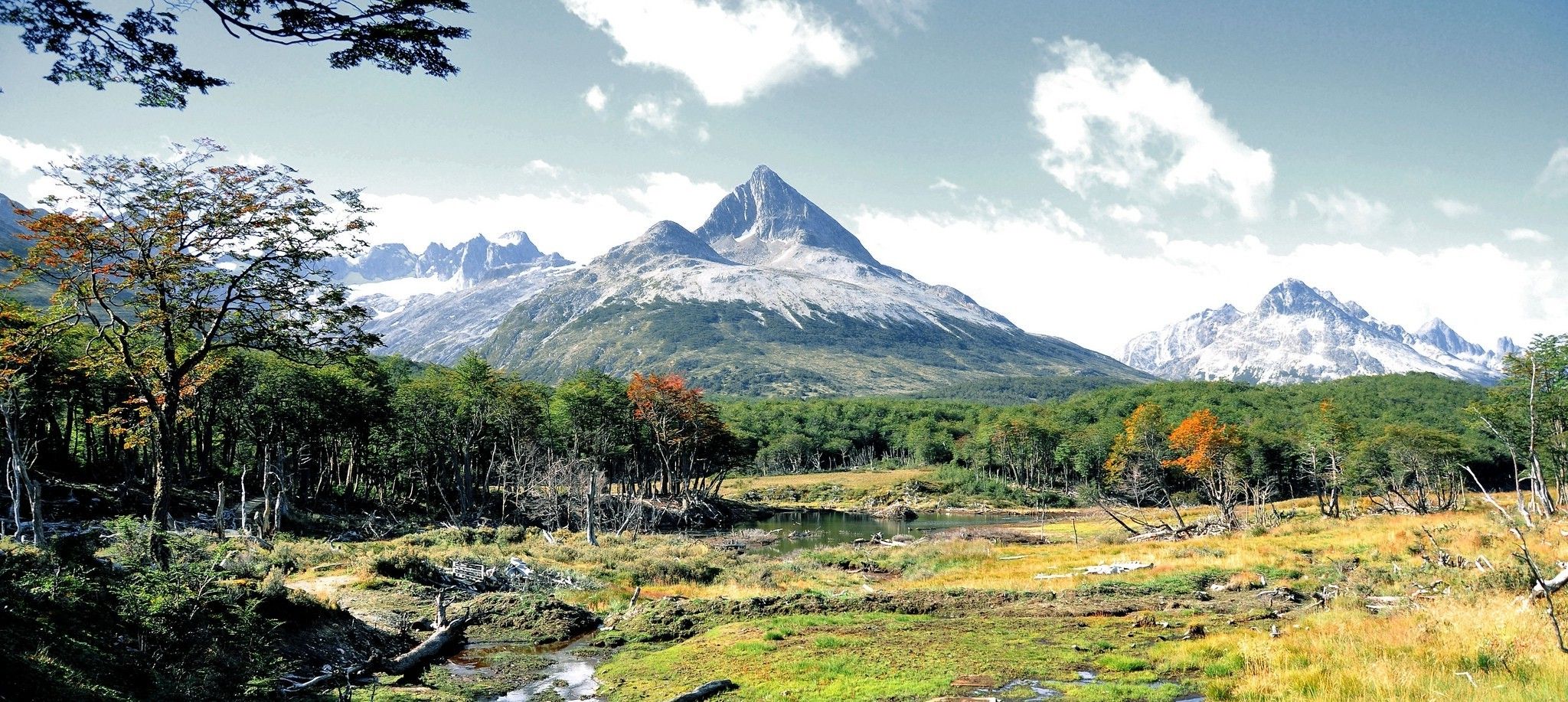 2048x917 nature, Landscape, Panoramas, Mountain, Forest, Creeks, Grass, Patagonia, Tierra Del Fuego, Argentina Wallpaper HD / Desktop and Mobile Background