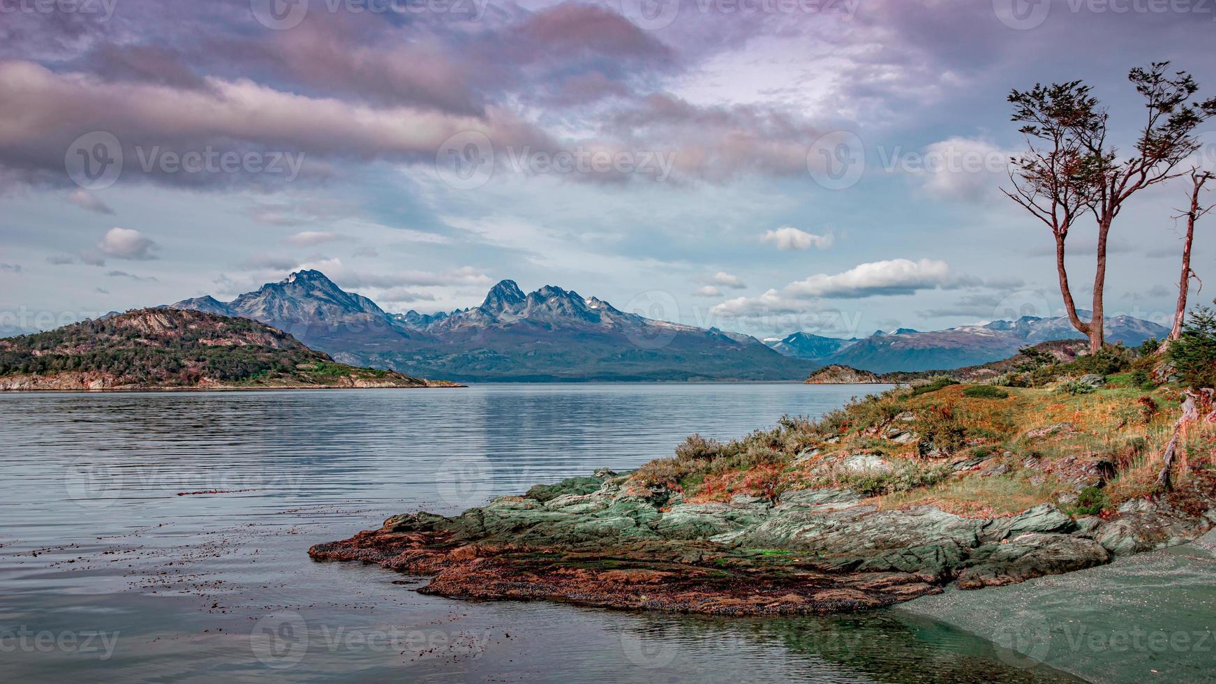1742x980 Panoramic view over beautiful sunset at Ensenada Zaratiegui Bay in Tierra del Fuego National Park, near Ushuaia and Beagle Channel, Patagonia, Argentina, early Autumn