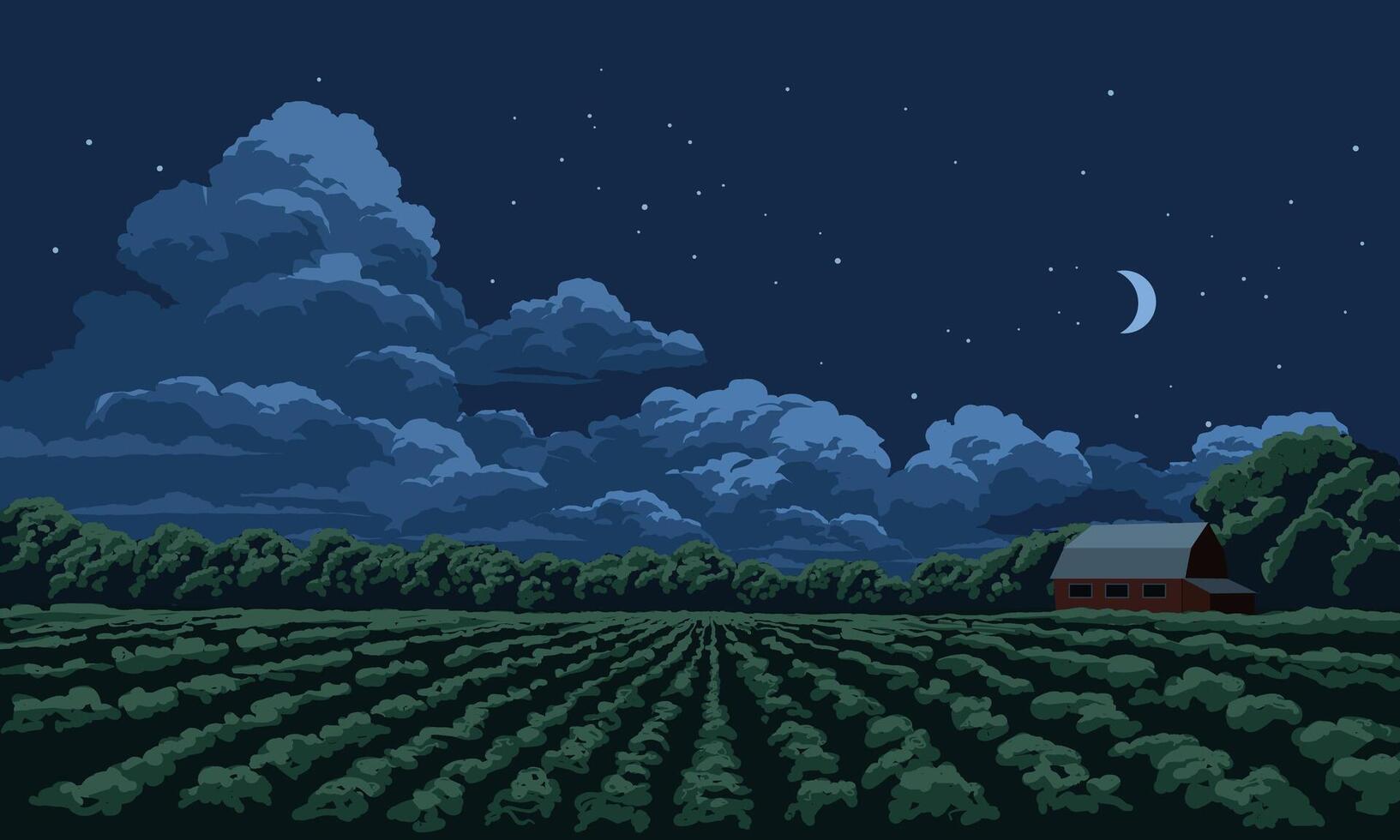 1633x980 Beautiful night over agricultural field with crescent moon and stars