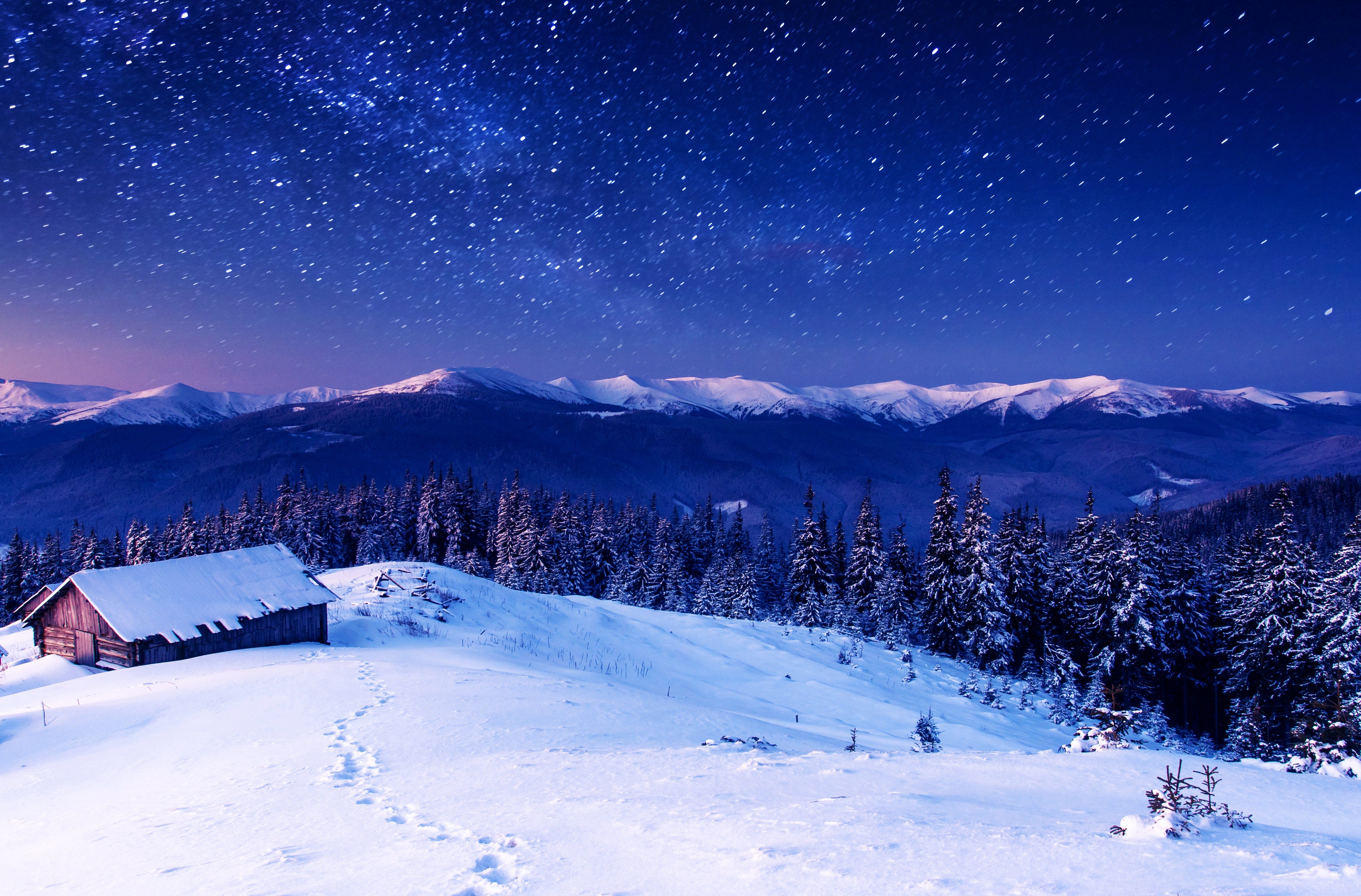 5400x3556 seasons, Winter, Mountains, Scenery, Snow, Fir, Nature, Cabin, Rustic, House, Barn, Farm Wallpaper HD / Desktop and Mobile Background