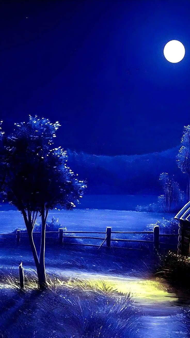 736x1308 Starry Night Farm Painting. Night scenery painting moonlight, Blue night wallpaper hd, Nighttime blue scenery