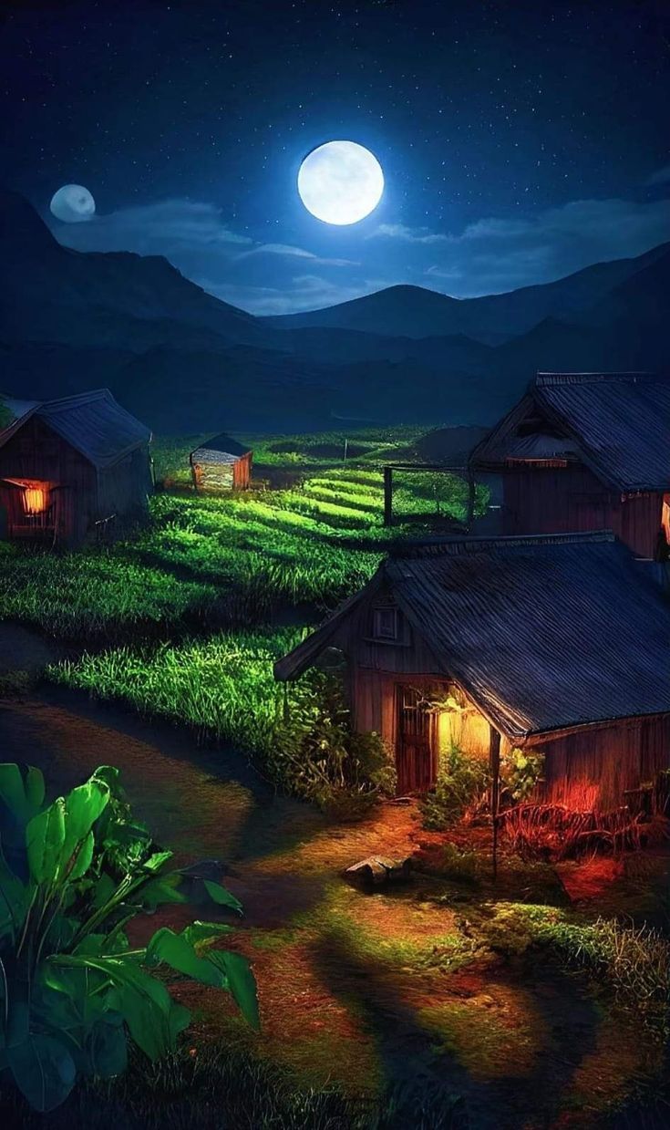 735x1239 Nighttime Farm Painting with Moon. Moonlit fairytale scenery, Village night background, Village full moon wallpaper