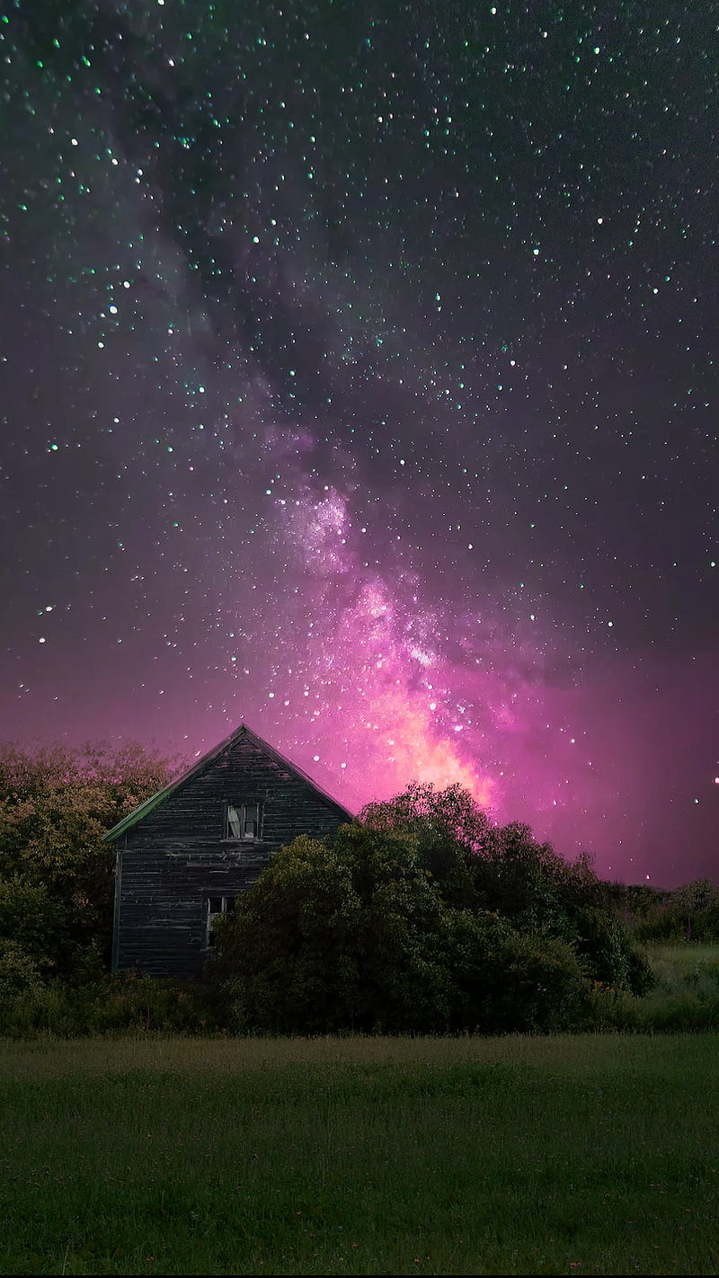 800x1422 Nature, home, house, night, northern fall, stars, trees, HD phone wallpaper