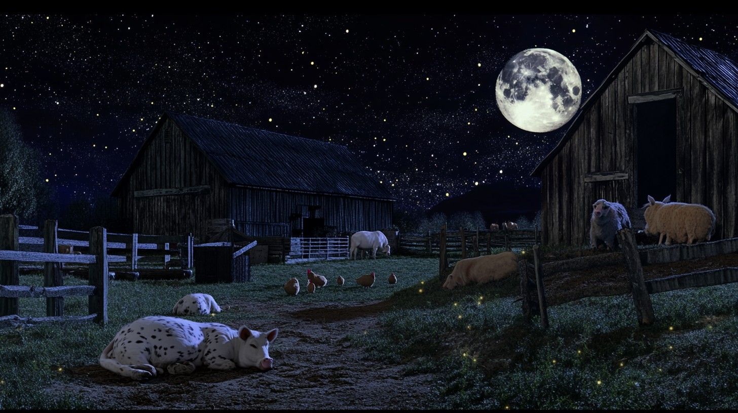 1456x816 Free Moonlit Farm Night Image, Farm, Animals
