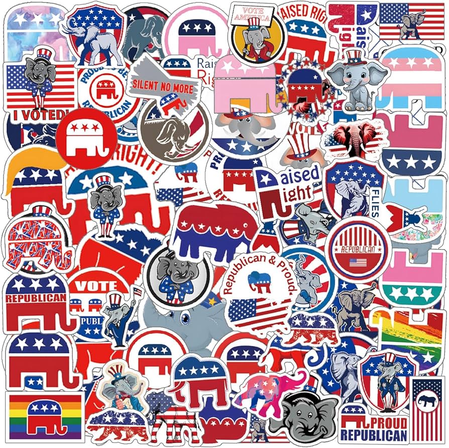 894x892 60pcs Republican Elephant Sticker Political Stickers, Waterproof Vinyl Sticker Decals, for Adults for Water Bottles Laptop Suitcase for Birthday Party Supplies Decoration Favors : Arts, Crafts & Sewing