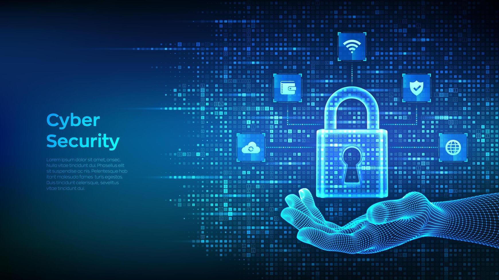 1741x980 Cyber security. Data Protection. Internet network security technology concept. Padlock. Lock icon. Cybersecurity icons connections. Digital binary code background with digits 1.0. Vector Illustration