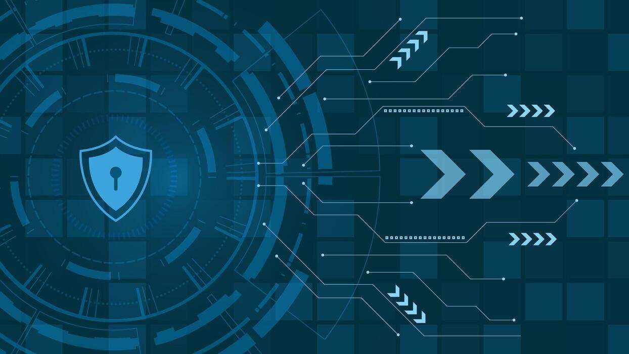 1244x700 Futuristic cyber security background featuring a shield with lock symbol and digital interface, ideal for technology, data protection, privacy and secure network concepts