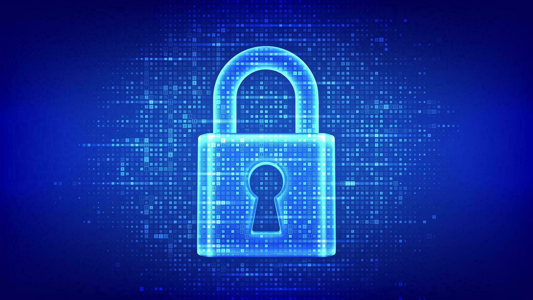 1741x980 Lock. Cyber security. Padlock with keyhole icon made with binary code. Protect and Security or Safe concept. Information privacy. Digital code matrix background with digits 1.0. Vector Illustration