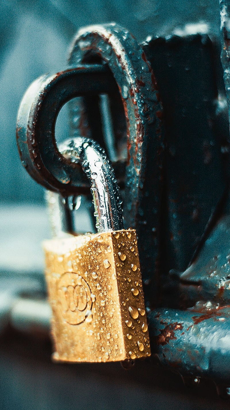 800x1422 Golden lock, security, locked, padlock, waterdrops, HD phone wallpaper