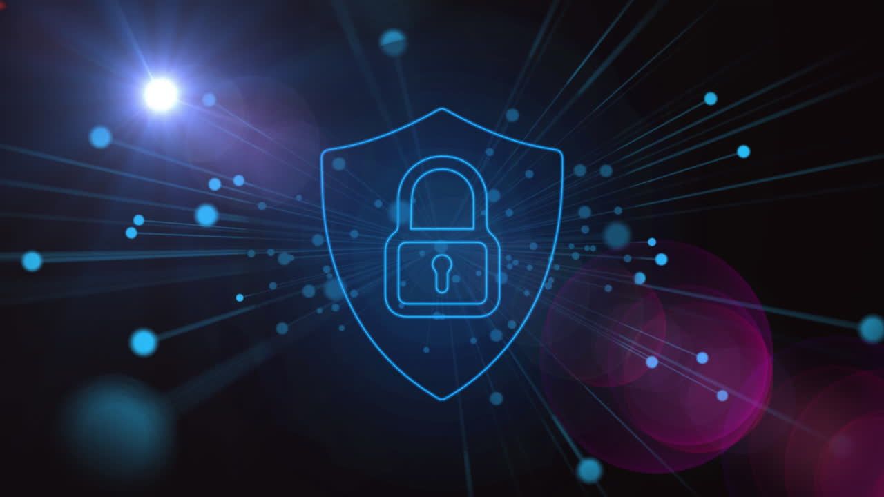 1280x720 Animation of online security padlock and network of connections over dark background