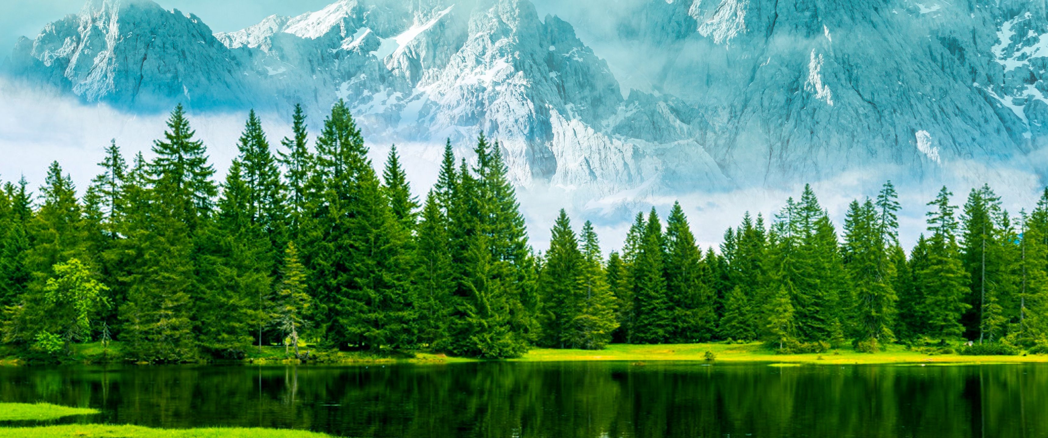 3440x1440 Download Scenery, Beautiful nature, Forest, Sky, Sunset, Sunrise, Lake Wallpaper in 3440x1440 Resolution