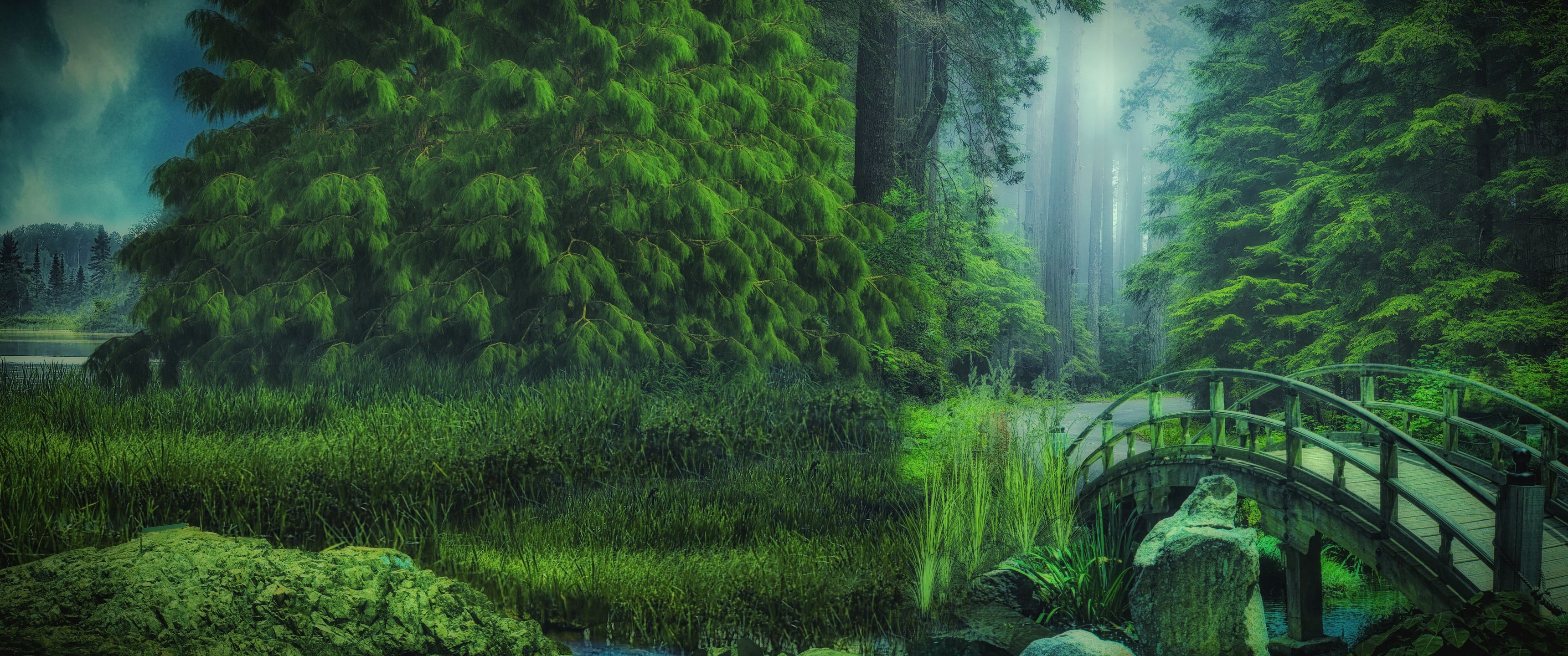 3440x1440 Download Forest, Nature, Bridge, Green, Fog Wallpaper in 3440x1440 Resolution