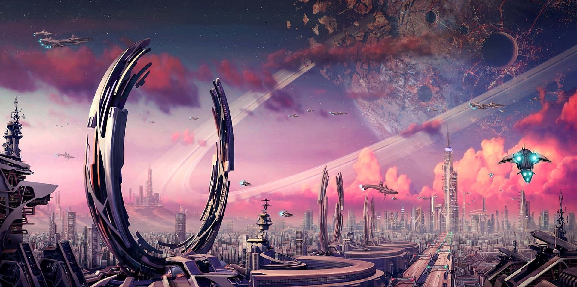 1920x958 Download Future Pink Sky Spaceship Desktop Wallpaper
