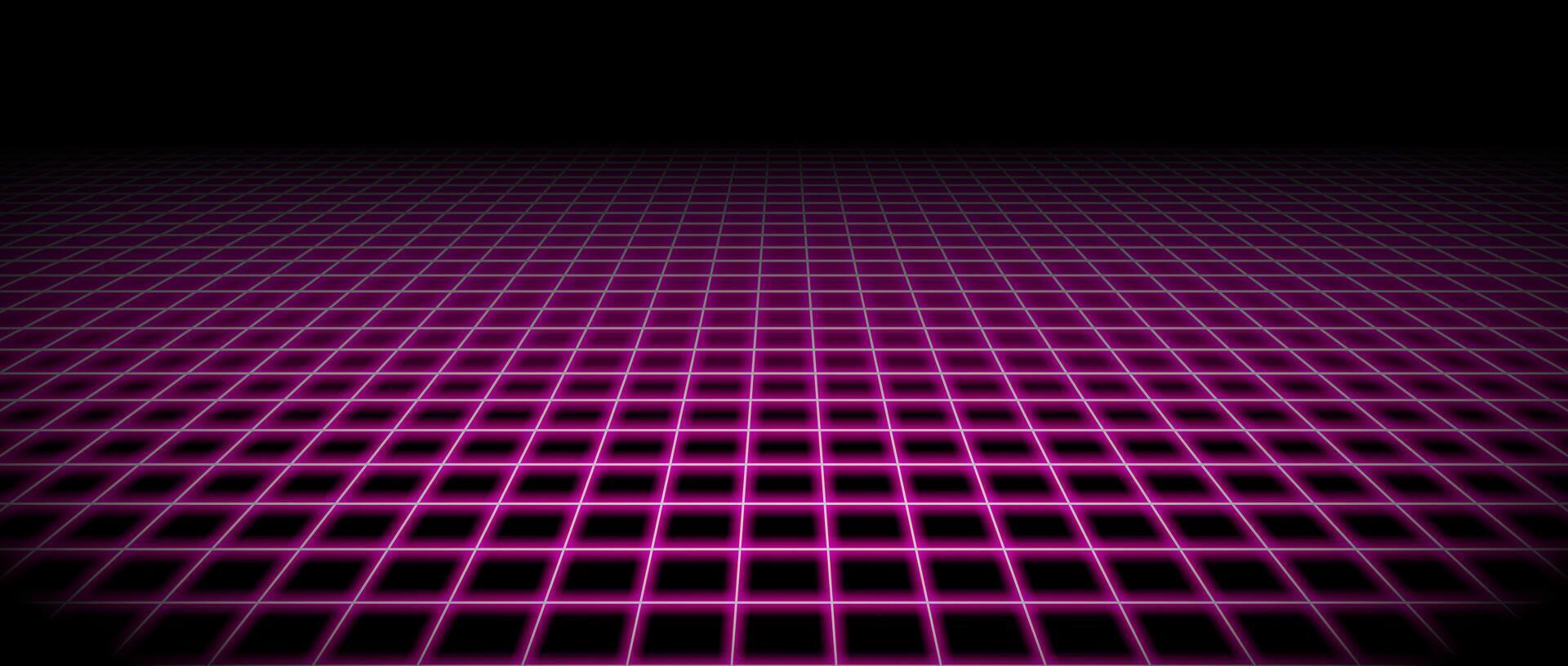 1920x815 Glowing pink neon wireframe horizon background. Magenta grid room floor in perspective. Bright retro futuristic wallpaper. Abstract checkered plane landscape. Game cyber surface