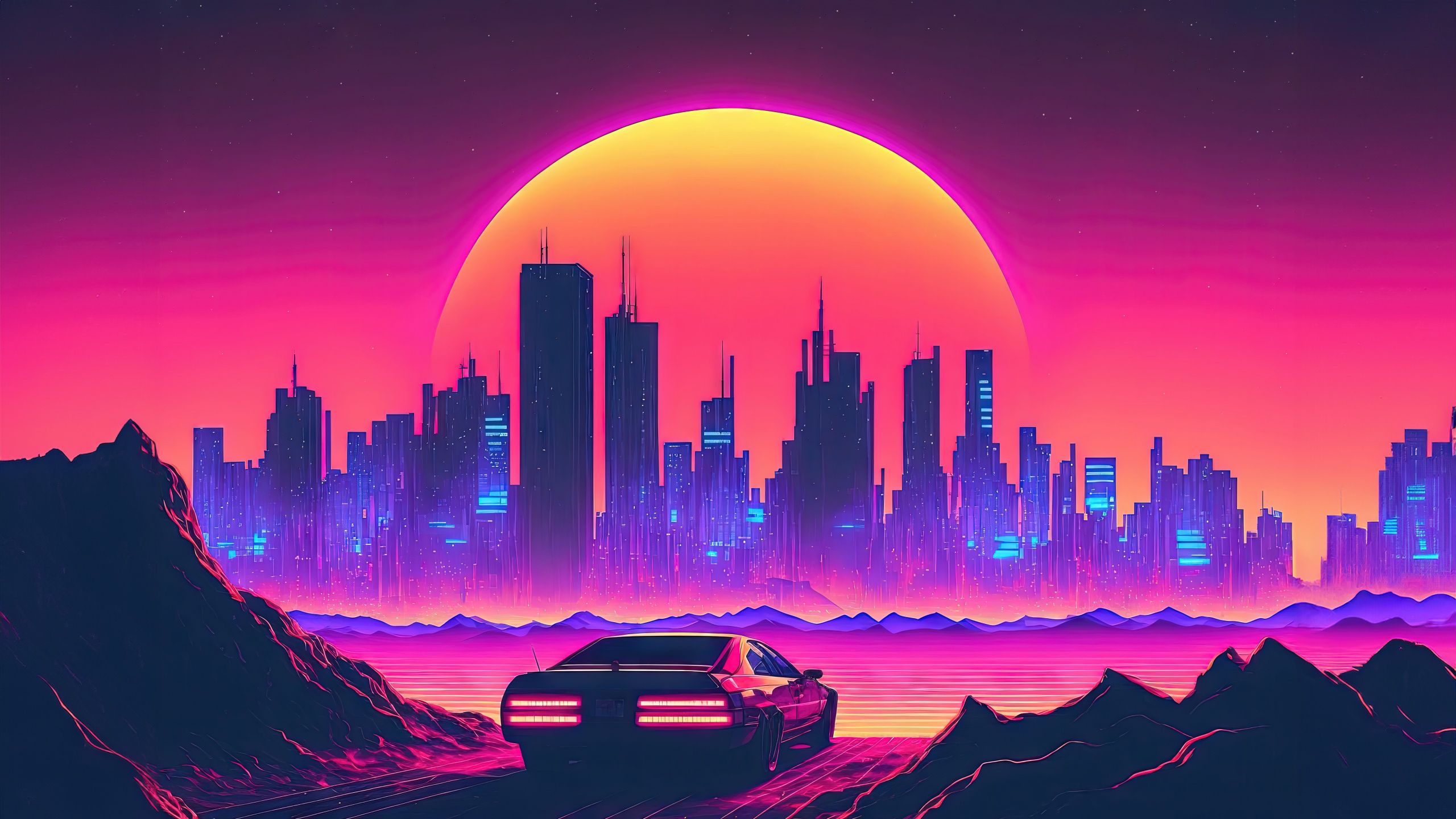 2560x1440 Futuristic city Wallpaper 4K, Outrun, Neon art, Cyberpunk