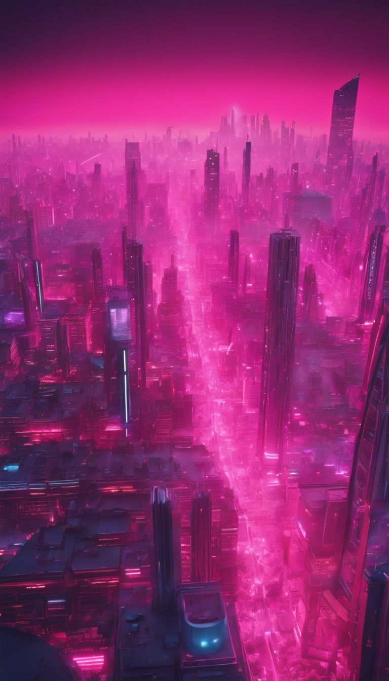768x1344 A vibrant neon pink city skyline during dusk in a futuristic world. Wallpaper [39afa95a31db4bfcb0af]