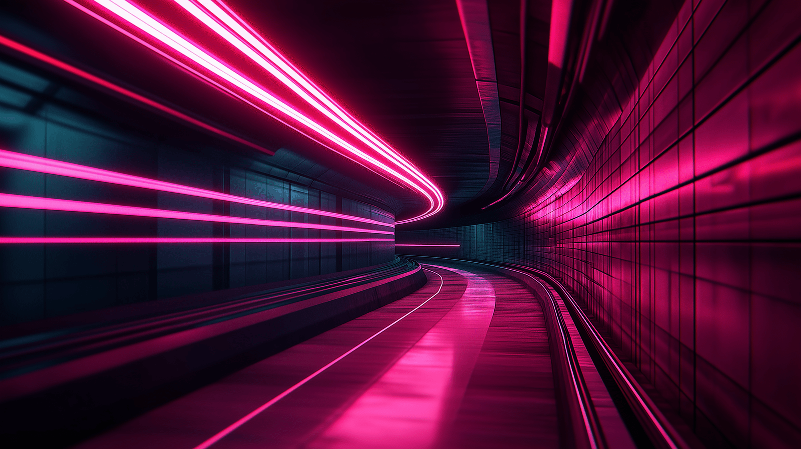 1600x897 Mural Wallpaper neon. Futuristic tunnel with pink lights