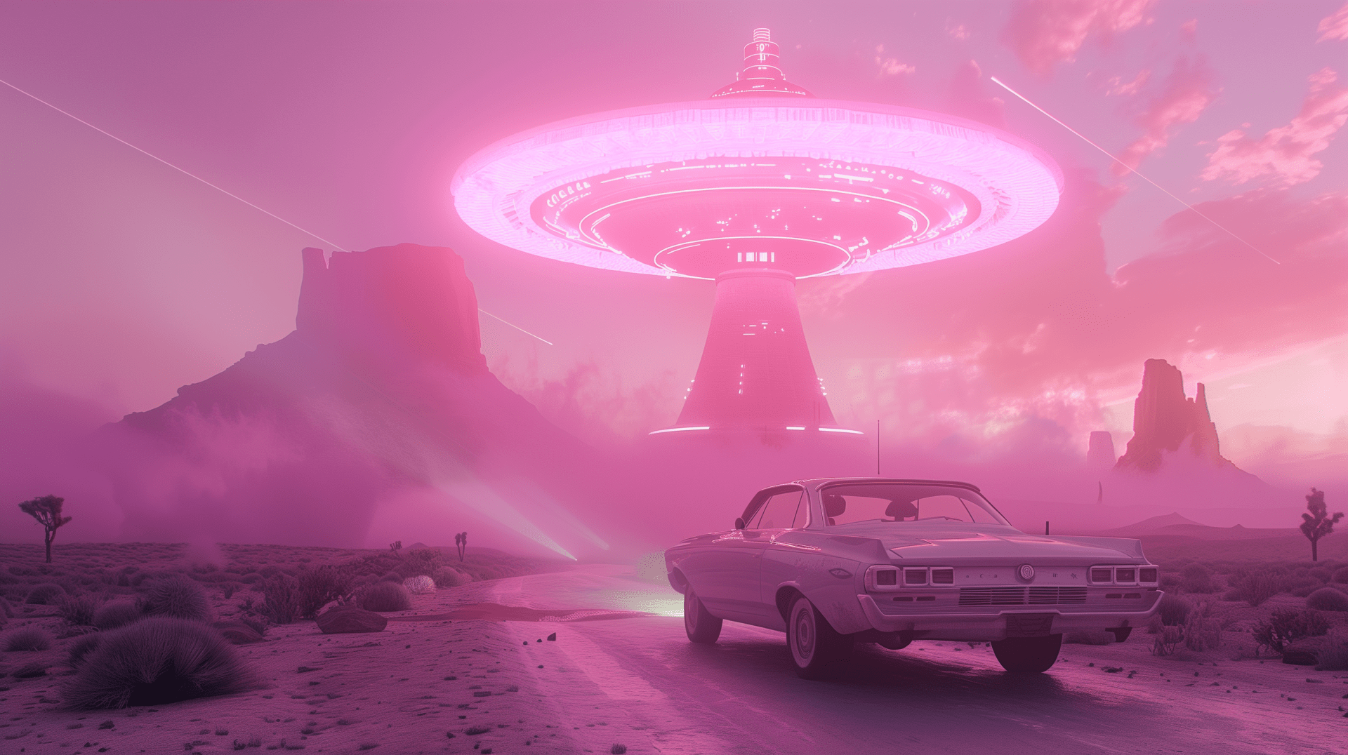 1920x1076 Pink Sci Fi Aesthetic With Classic Car And UFO HD Wallpaper By Robokobotox1632