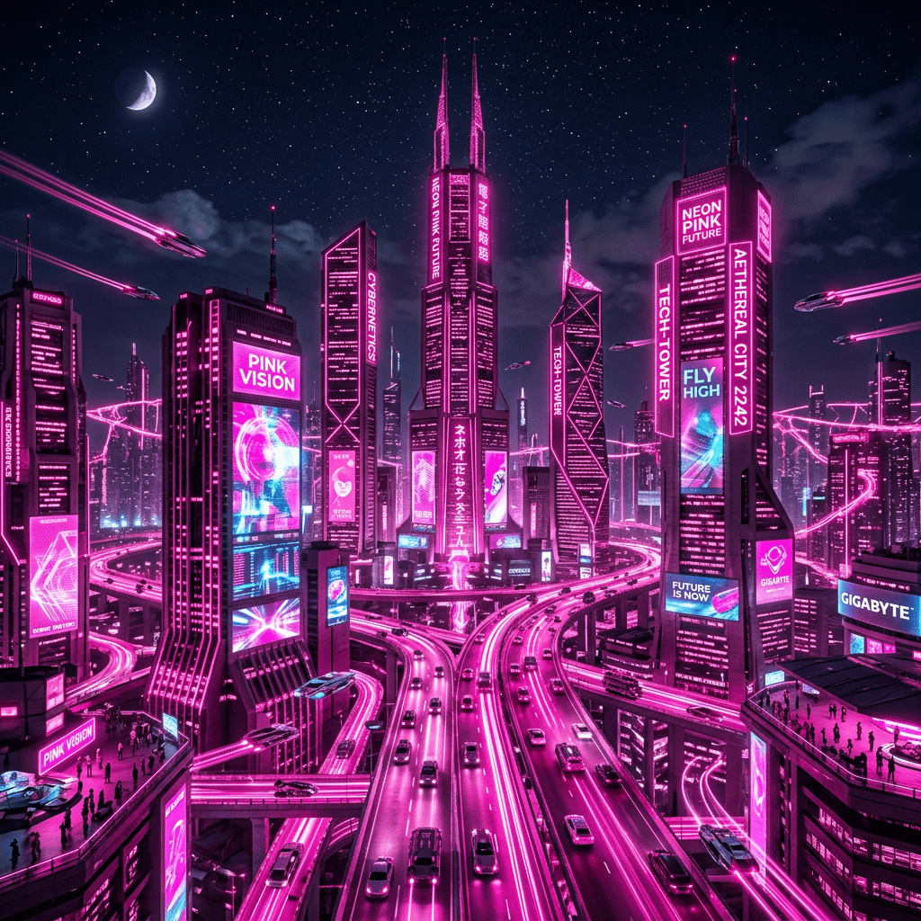1024x1024 Neon Pink Futuristic City Skyline. Twilight Sky View. AI Art Generator. Easy Peasy.AI