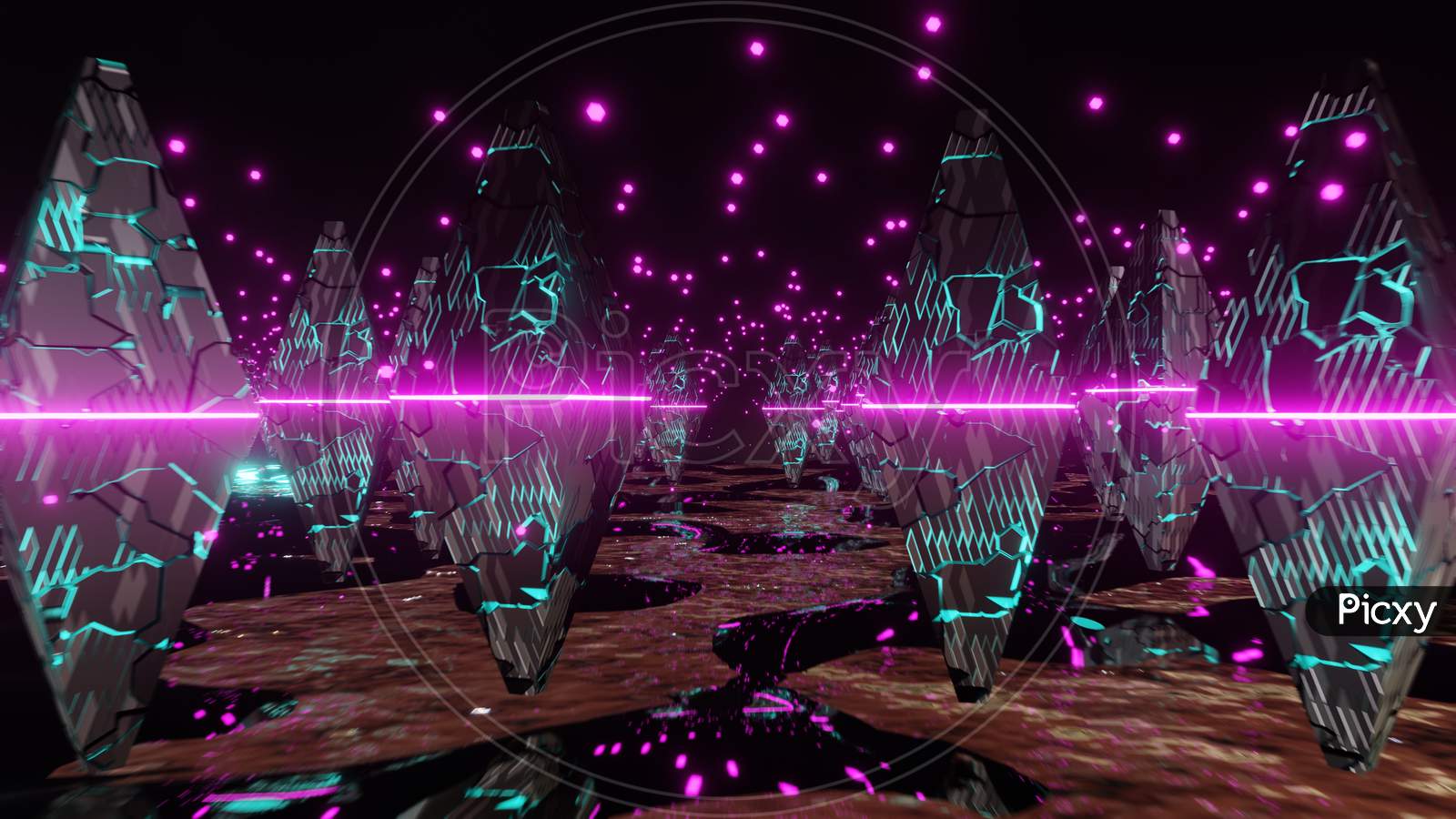 1600x900 Image Of Abstract Sci Fi Triangular Objects Set Having A Beautiful Blue Texture And Pink Neon Line Cracks And Particles. NX481993 Picxy